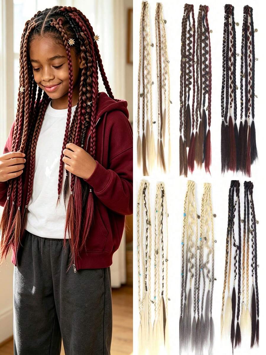 2pcs Handmade Bohemian Style 20 Inch Clip-In Hair Extensions, Bohemian Braided Hair With Daily Wear Beads And Exquisite Accessories, Synthetic Fiber - Multicolor - View 1
