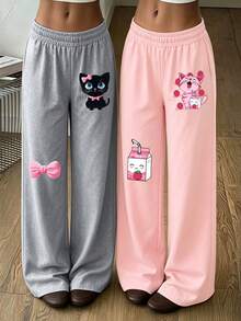 2pcs Girls Straight Leg Casual Sports Pants, Cute Cat, Bow And Milk Pattern, Comfortable Autumn/Winter New Fashion Long Pants - Multicolor - View 1