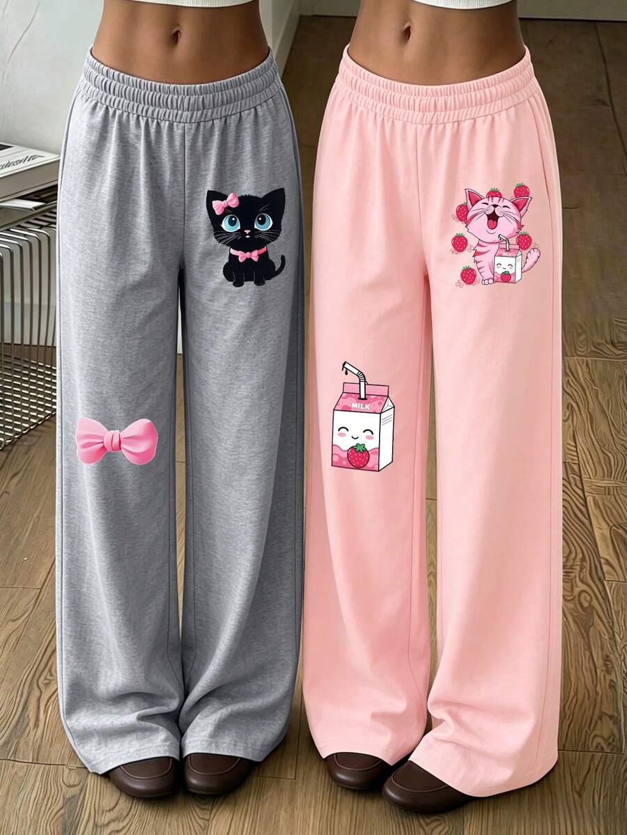 2pcs Girls Straight Leg Casual Sports Pants, Cute Cat, Bow And Milk Pattern, Comfortable Autumn/Winter New Fashion Long Pants - Multicolor - View 1