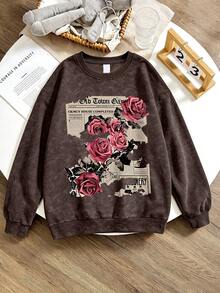 2pcs/Set Girls Round Neck Sweatshirt Outfit, Vintage Rose Print Design With Simple Casual Flared Pants, Autumn/Winter Old Street Style - Brown - View 4