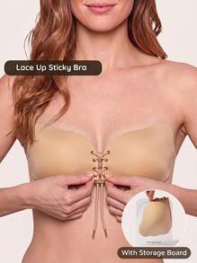 Lignisse Lace Up Sticky Bra With Storage Board Push Up Strapless Backless Self-Adhesive Seamless Gathering Lift Bra A-F Cup Women Intimates Accessories - Multicolor - View 1