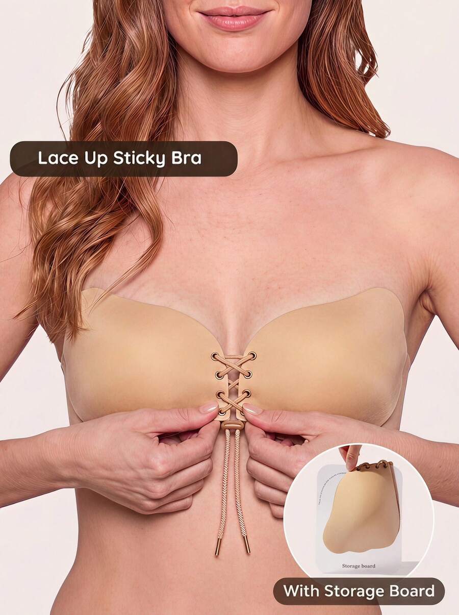 Lignisse Lace Up Sticky Bra With Storage Board Push Up Strapless Backless Self-Adhesive Seamless Gathering Lift Bra A-F Cup Women Intimates Accessories - Multicolor - View 1