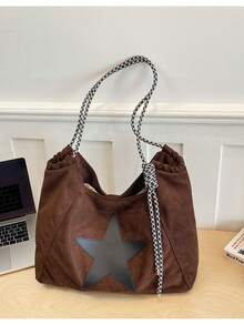 Maillard Style Star Print Fabric Tote Bag With Adjustable Drawstring Shoulder Strap, Large Capacity Casual Shoulder Tote Bag - Multicolor - View 2