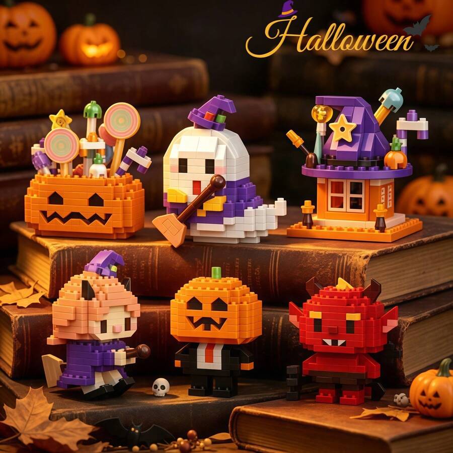 6pcs/Set Halloween Series Micro Particle Building Blocks Toy, ABS Resin Material, Multiple Creative Unique Designs, DIY Handmade Assembly Toy, Educational Stress Relief Puzzle Toy, Desktop Furniture Atmosphere Decor, Suitable For Birthday, Halloween, Christmas, Eid, National Day, Back To School Gifts - Multicolor - View 1