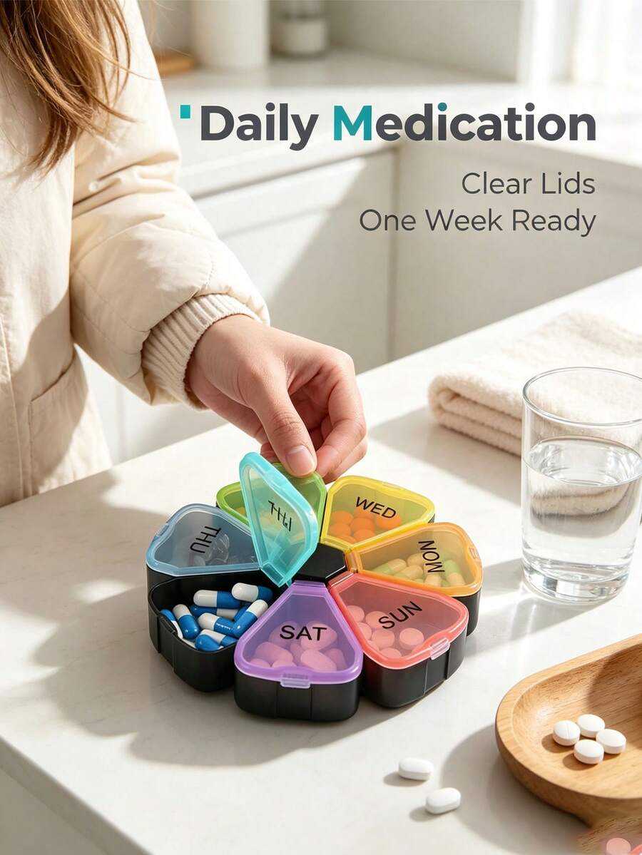 7-Day Petal-Shaped Pill Box, 7-Compartment Capsule Organizer, Portable Travel Pill Case