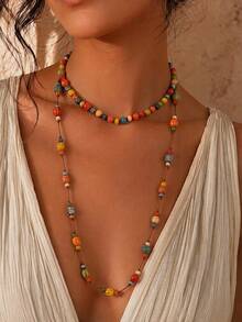 1 Set 2pcs Exotic Vintage Bohemian Colorful Mixed Bead Layered Necklace Set, Suitable For Women's Daily Wear, Vacation, Travel, Atmospheric Accessory - Color - View 1