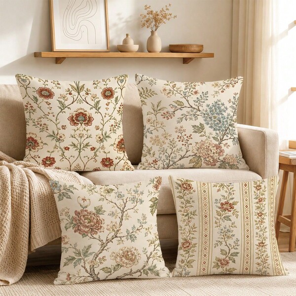 4pcs European Vintage Large Floral Classical Botanical Pattern Printed Cushion Covers [Pillow Insert Not Included], 40*40cm/45*45cm/50*50cm, [Single-Sided Printing] Made Of Polyester Material Beige Background Distressed Peony Vine Throw Pillow Covers Room Decor, Home Decor, Bedroom Decor, Room Decoration Stuff For Sofa, Living Room, Bedroom, Car, Office, Hotel, B&B Decoration Pillow Covers Perfect Gift For Family And Friends