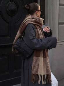 1PC Women's Casual Plaid Print Cashmere Scarf, Street Fashion Shawl, Suitable For Autumn/Winter Decoration, Holiday/New Year Gift - Khaki - View 4