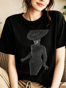Beyonceee Graphic T‑Shirt 100% Cotton For Women, Loose Fit, Retro, Concert Outfit, Crew Neck Short Sleeve Top - Black - View 1