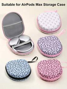 Leopard Print Pink Earphone Storage Bag And Protective Case, Hard Shell Storage Box, Soft Lining, Mesh Pocket, Portable Travel Storage Box, Compatible With Apple Earphones - Multicolor - View 4