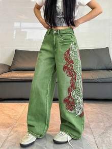 1件女款寬鬆刺繡寬腿牛仔褲，舒適休閒高街時尚丹寧長褲（不含腰帶/配件）秋季 - 綠色 - 查看 4