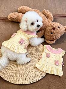 1pc Pet Dog Clothes Spring/Autumn Sweet Cute Flutter Sleeve Princess Dress For Teddy Bichon Pomeranian Small/Medium Dogs, Dog Flutter Sleeve Lace Princess Dress For Teddy Bichon Small Dogs, Stylish 3D Cute Rabbit Dress - Yellow - View 6
