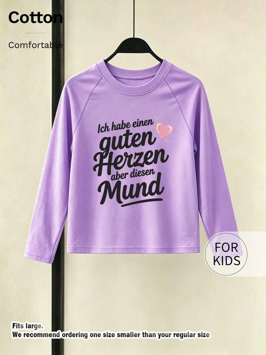 Tween Girl Raglan Long Sleeve T‑Shirt, German Slogan Heart Graphic Printed Cotton Top, Soft Comfortable Casual Tee - Purple Yam - View 1