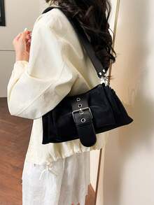 New Retro Solid Color Square Crossbody Bag Metal Buckle Flap Shoulder Bag Adjustable Strap Lightweight Minimalist Women Daily Work Travel Casual Use - Black - View 4