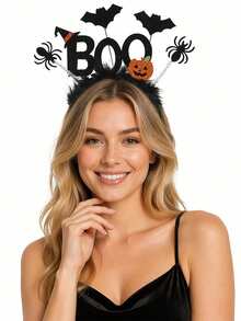 Halloween BOO Headband With Bat And Spider On A Pumpkin Shape - A Costume Headpiece For A Ghost-Themed Party - Multicolor - View 2