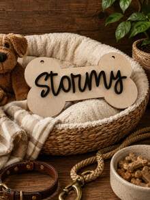 Personalized Wooden Pet Name Tag, Customized Bone-Shaped Dog Nameplate, Rustic Style Pet Room Decor, Suitable For Cats, Dogs And Pet Lovers Customized Name Gift - Multicolor - View 1