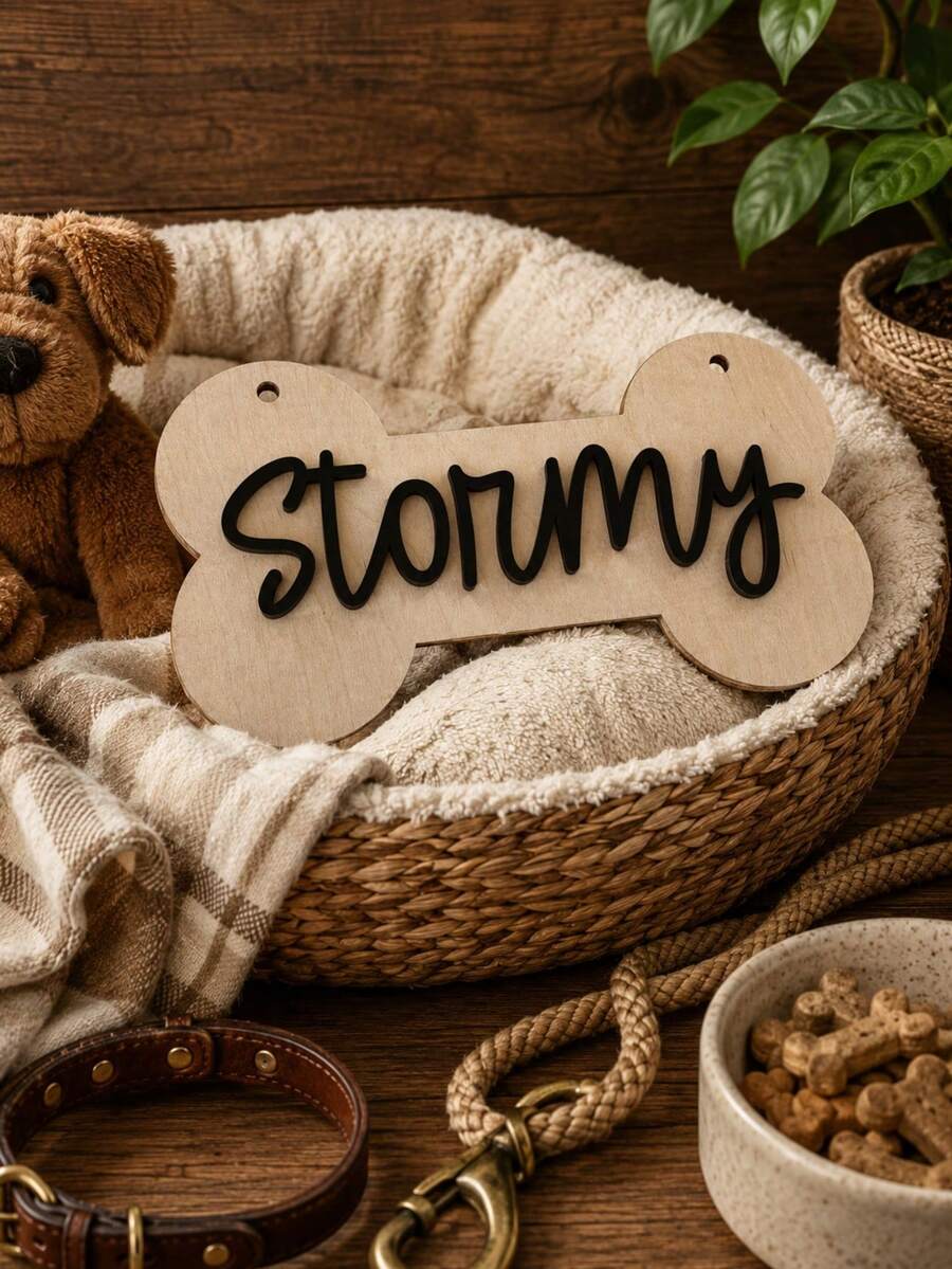 Personalized Wooden Pet Name Tag, Customized Bone-Shaped Dog Nameplate, Rustic Style Pet Room Decor, Suitable For Cats, Dogs And Pet Lovers Customized Name Gift - Multicolor - View 1