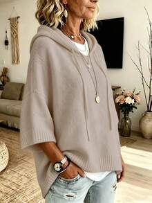 Women's Casual Fashion Solid Color Loose Hooded Knit Sweater Pullover Autumn/Winter Knit Top Cardigan - Apricot - View 2