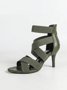 Sandalias de tacón alto para mujer, sandalias de tacón alto con estampado verde militar para mujer, sandalias romanas con banda elástica cruzada, sandalias romanas con cremallera elástica en la parte trasera - Verde militar - Ver 7