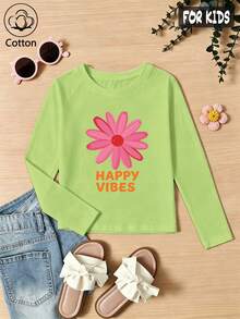 Girls Cotton Raglan Long Sleeve T-Shirt For Fall Winter, Pink Floral Print And Orange 'HAPPY VIBES' Graphic, Cute Sweet Preppy Style - Fruit Green - View 3