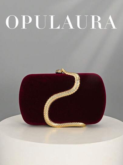 OpulAura 女士复古时尚丝绒手拿包，蛇纹搭扣设计，欧美风格，蛇皮简约盒式手拿包，适合婚礼、晚宴、正式场合、派对等场合，可作手提包、单肩包使用，配有高品质链条肩带