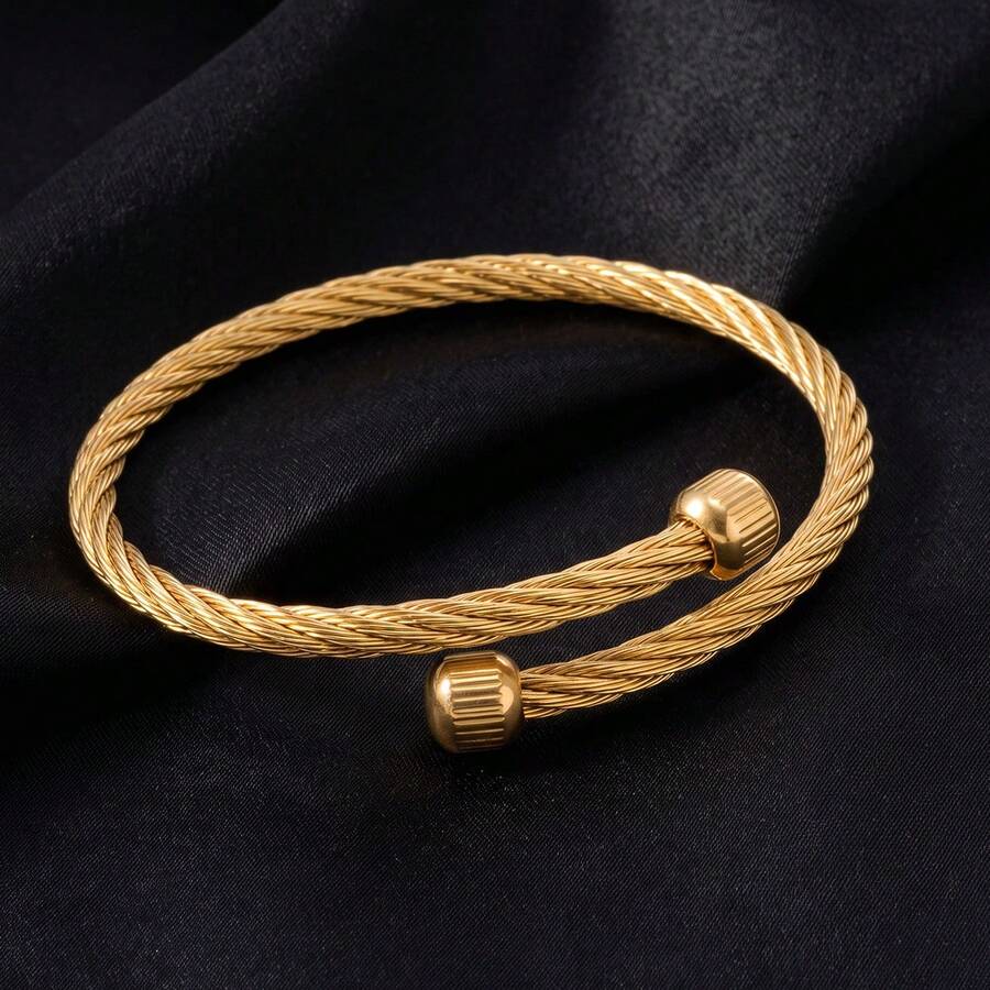 18K Gold Twisted Cable Cuff Bracelet For Women Men, Minimalist Adjustable Open Bangle, Jewelry Gift - Gold - View 1