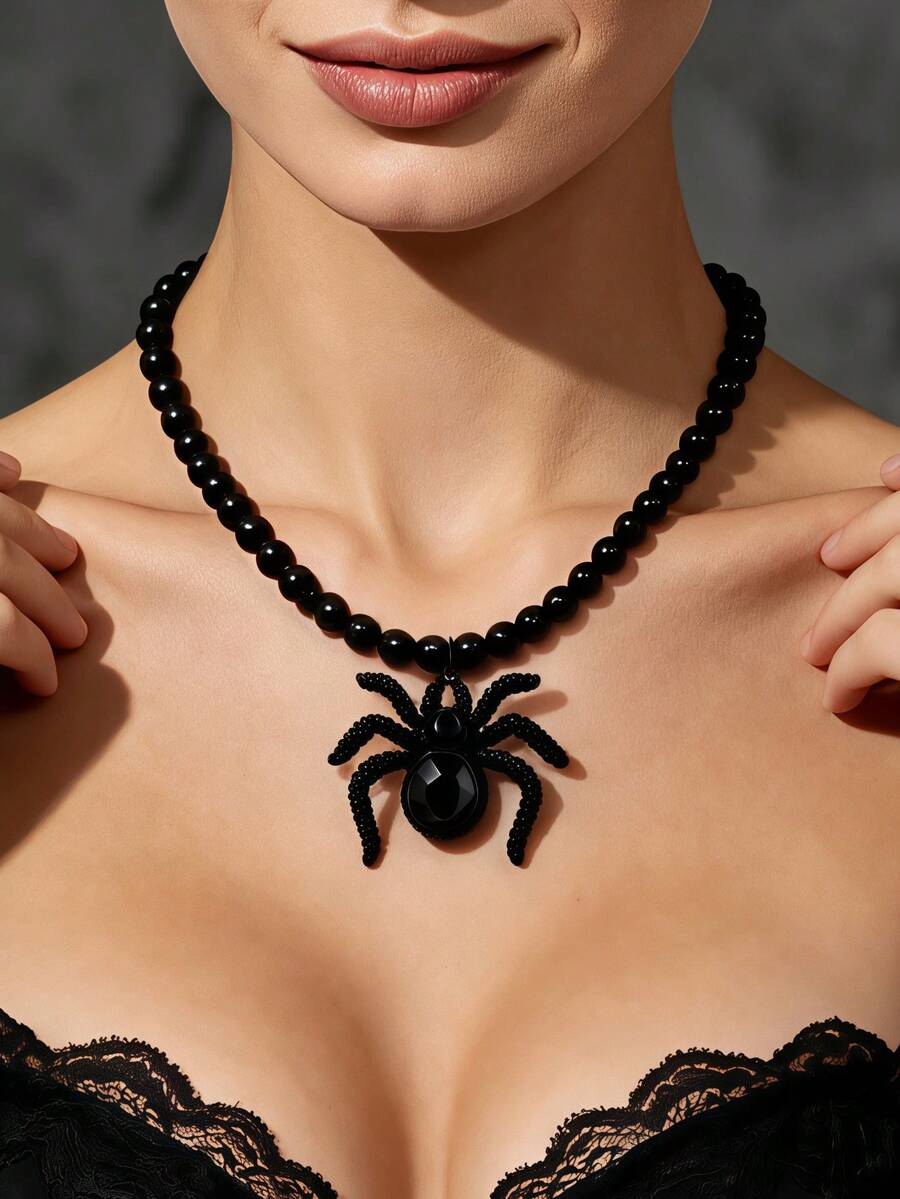 1pc Women's Vintage Gothic Dark Style Black Beaded Chain Spider Inlaid Faux Ruby Pendant Necklace, Retro Personalized Accessory, Suitable For Halloween Party, Theme Ball, Nightclub Gathering And Daily Dark Style Outfit Wear Necklace - Black - View 1