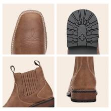 Vintage Western Style Men's Cowboy Chelsea Boots, Square Toe Elastic Slip-On Short Ankle Boots With Chunky Heel - Brown - View 5