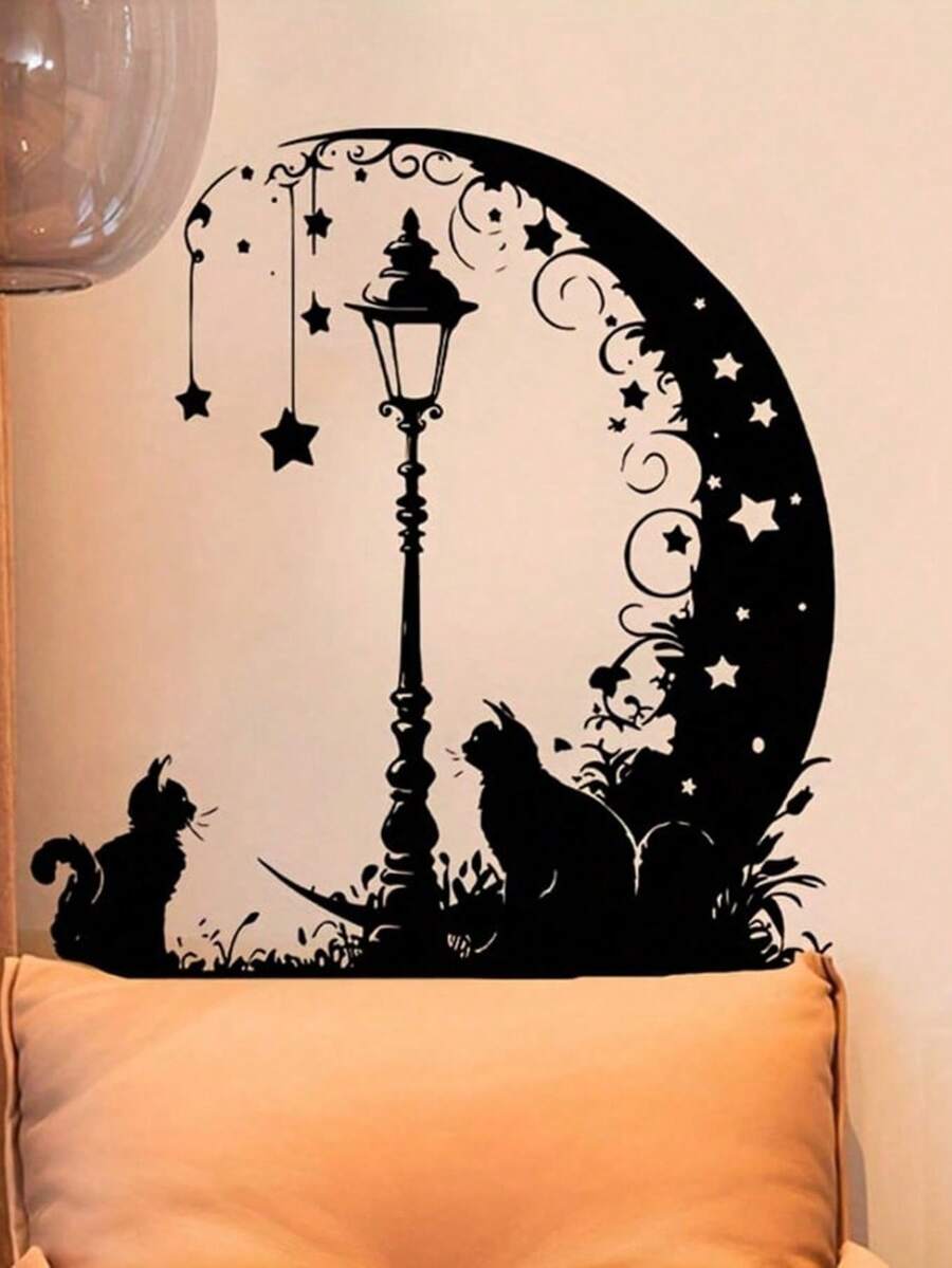 Black Moon Aesthetic Pattern Street Lamp Cat Wall Sticker, Decorative Bedroom Living Room Kitchen Dining Room Self-Adhesive Painting, Removable PVC Wall Decal - B - View 1