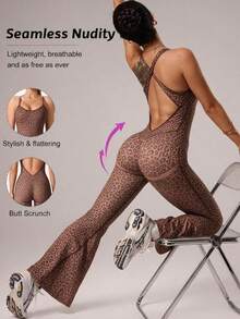 1pc Leopard Print Twisted Hollow Back Deep V Flare Leg Jumpsuit Set, Brown Jumpsuit, Pink Jumpsuit - Brown - View 2