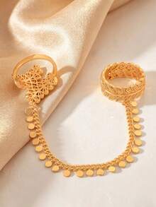 Vintage Hollow Leaf Design Double Finger Ring For Women, Pendant Coin Tassel Chain Ring, Arabic Wedding Ramadan Party Women's Jewelry - Gold - View 4