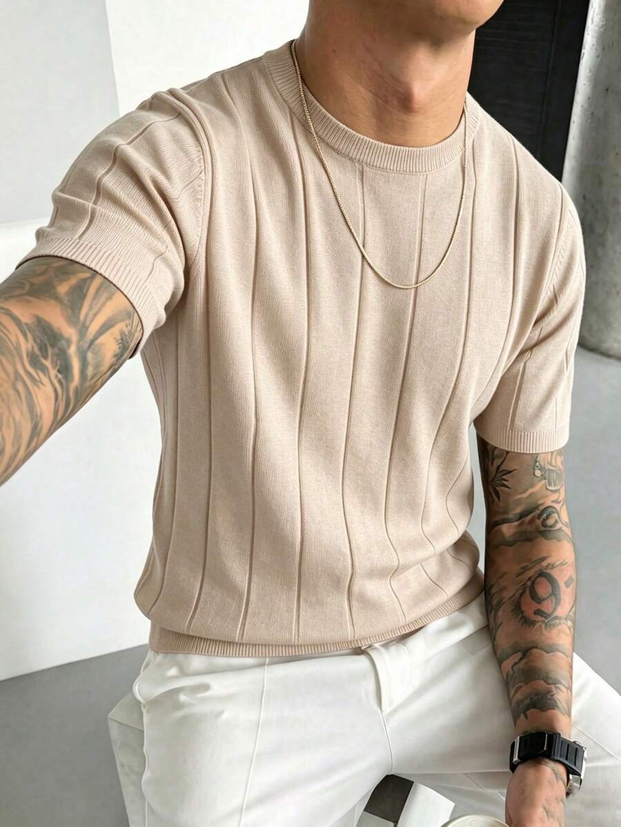 Men's Casual Minimalist Solid Color Short Sleeve Knit Top - Apricot - View 1