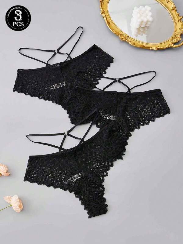 3pcs/Pack Women's Black Lace Bikini Panties, Criss-Cross Tie & Mesh Patchwork Design, Soft & Sexy, Suitable For All Seasons, Perfect For Daily Wear & Dates