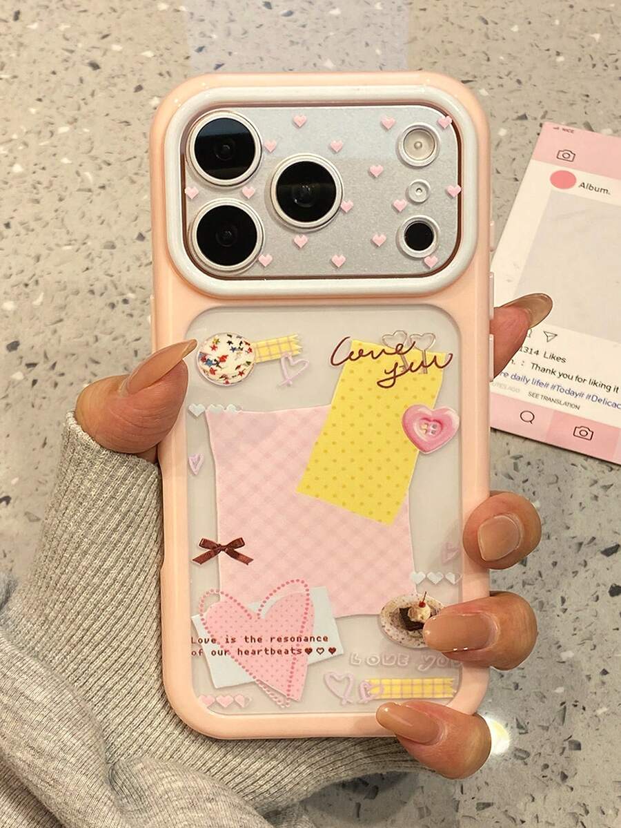1pc Korean Style Niche Pink Heart Polka Dot Dessert Label Phone Case Compatible With Iphone 17 Pro Max, 16 Pro, 15/14 Pro, Full Coverage Anti-Drop Protective Cover, New Trending - Multicolor - View 1
