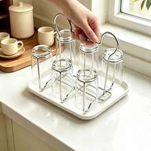 1pc 6‑Cup Stainless Steel Cup Drying Rack, Detachable Drip Tray With Handle, Kitchen Countertop Mug Storage Organizer - Multicolor - View 6