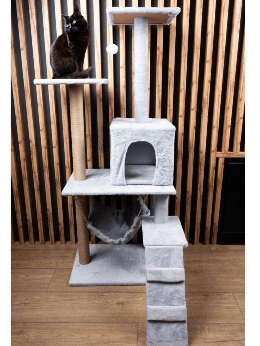Aseto 4 Level Cat Tree Tower Scratching Post Scratch Post Multi Activity Play Centre Condo Bed House Ladder Steps Interactive Hanging Toy Observation Platform Scratch Scratching Furniture Claw Grinding Kitten - one-size - View 1