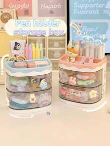 Wavy Layered Desktop Organizer, Wavy Edge High Aesthetic, Desktop Storage & Decoration 2-In-1, Double Layer Transparent Drawer, Partitioned Storage No Clutter, Pen Holder + Storage Drawer Integrated, Stationery & Makeup Universal, Macaron Three Colors Optional, Student / Vanity Dual Use, Rounded Corners Anti-Collision, Thickened Durable Easy To Clean - Multicolor - View 1