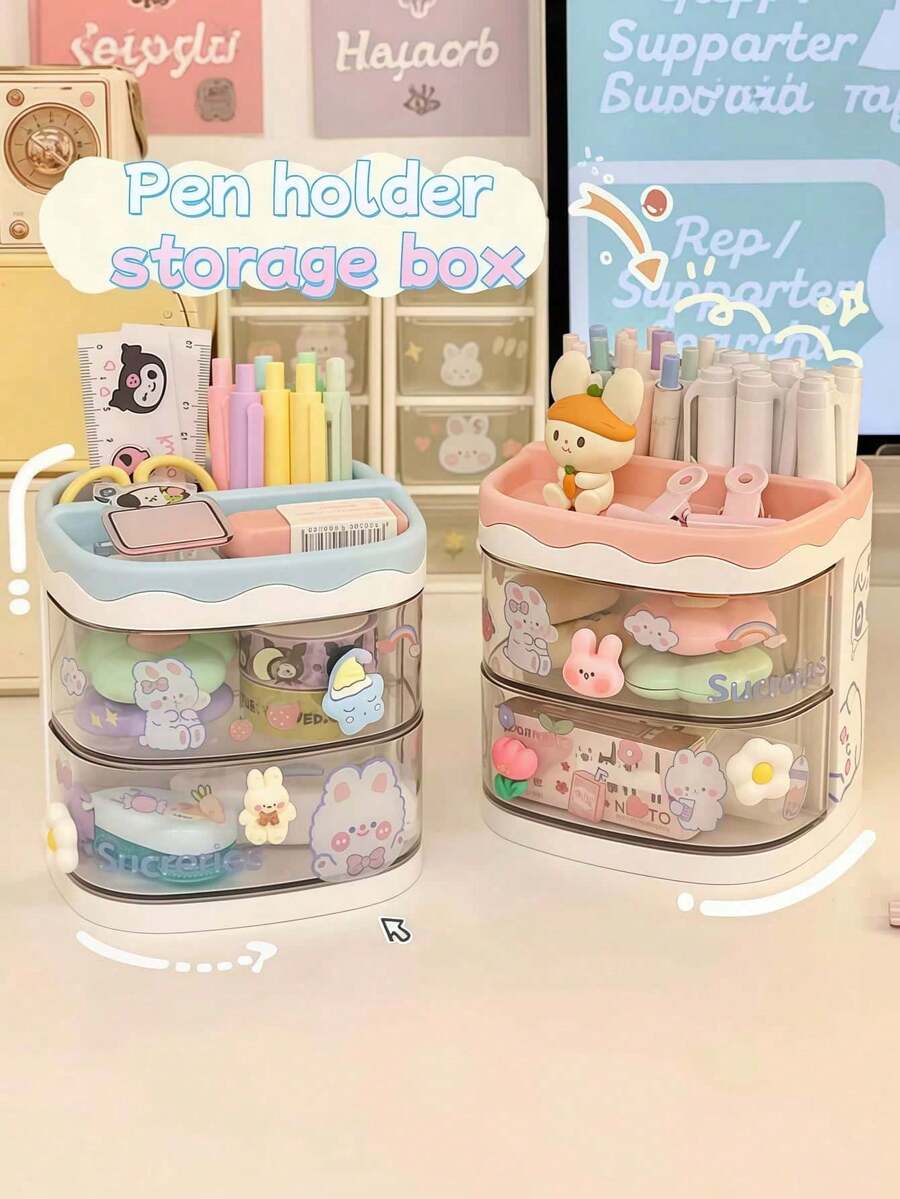 Wavy Layered Desktop Organizer, Wavy Edge High Aesthetic, Desktop Storage & Decoration 2-In-1, Double Layer Transparent Drawer, Partitioned Storage No Clutter, Pen Holder + Storage Drawer Integrated, Stationery & Makeup Universal, Macaron Three Colors Optional, Student / Vanity Dual Use, Rounded Corners Anti-Collision, Thickened Durable Easy To Clean - Multicolor - View 1