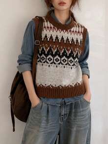 Women's Autumn/Winter Casual Minimalist Versatile Vintage Design Pattern Cardigan Sweater Vest - Multicolor - View 3