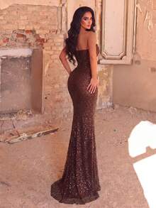 Luxury Sweetheart Neck Beaded Mermaid Long Dress, Wavy Beaded Embroidery, Waist-Cinching Design, Floor-Length Side Slit.. Party - Brown - View 3