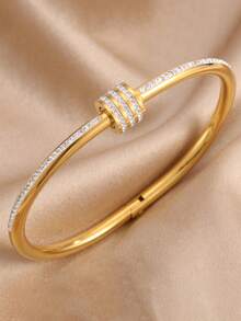 5/1pcsQuiet‑Luxury Stack Bracelet Set, Gold‑Tone Heart Pendant Roman Numeral Zirconia Stainless Steel Bangles For Daily Outfit & Trips - Gold - View 7
