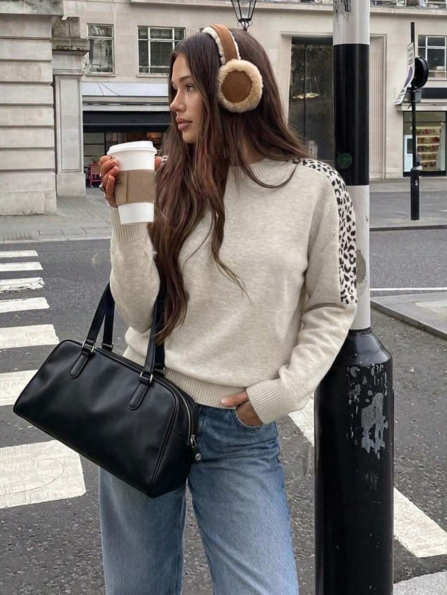 Vintage Patchwork Lazy Knit Top, Black Leopard Print Raglan Block Crew Neck Versatile Casual Long Sleeve Sweater, Suitable For Daily Commute, Shopping, Travel, Home Leisure - Champagne - View 1