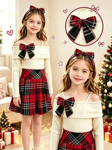 Christmas Girls' Autumn/Winter Spaghetti Strap Off-Shoulder Bow Top And Plaid Skirt Set - Multicolor - View 1