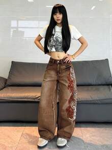 1件女款寬鬆刺繡寬腿牛仔褲，舒適休閒高街百搭丹寧長褲（不含腰帶/配件）秋季 - 咖啡棕 - 查看 7