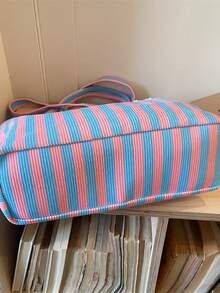 Fresh Colorblock Striped Large Capacity Women's Bag, Lightweight Canvas Fabric, Handheld Or Crossbody, Minimalist Versatile Daily Commute Bag - Multicolor - View 5