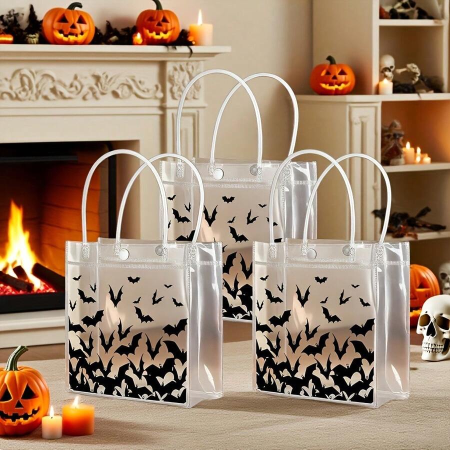 Halloween Black Bat Pattern Reusable Gift Bag With Handle, Includes Raffia, Suitable For Trick Or Treat, Birthday Party Gift Bag, Halloween Party Decoration - Multicolor - View 1