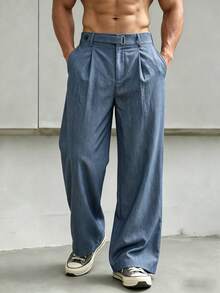 Japanese Style Textured Denim Effect Trousers Men's Loose Wide Leg Straight Leg Pants Mature Versatile Casual Long Pants - Blue - View 1