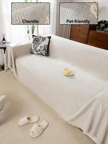 1 pièce Housse de canapé en chenille avec pompons, résistante aux griffures, conçue pour les animaux de compagnie, lavable en machine, antidérapante, housse de canapé en chenille avec pompons, convient pour le salon, la chambre, le bureau, la décoration de la maison, s'adapte aux canapés 1/2/3/4 places (plusieurs tailles disponibles), décoration d'automne, décoration de pièce - Beige - Voir 2
