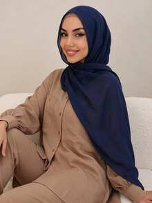 1PC Women's Solid Color Viscose Headscarf, Soft Wide-Edge Headwrap, Versatile Sun Protection Scarf Hijab, Suitable For Daily Wear - Navy Blue - View 2