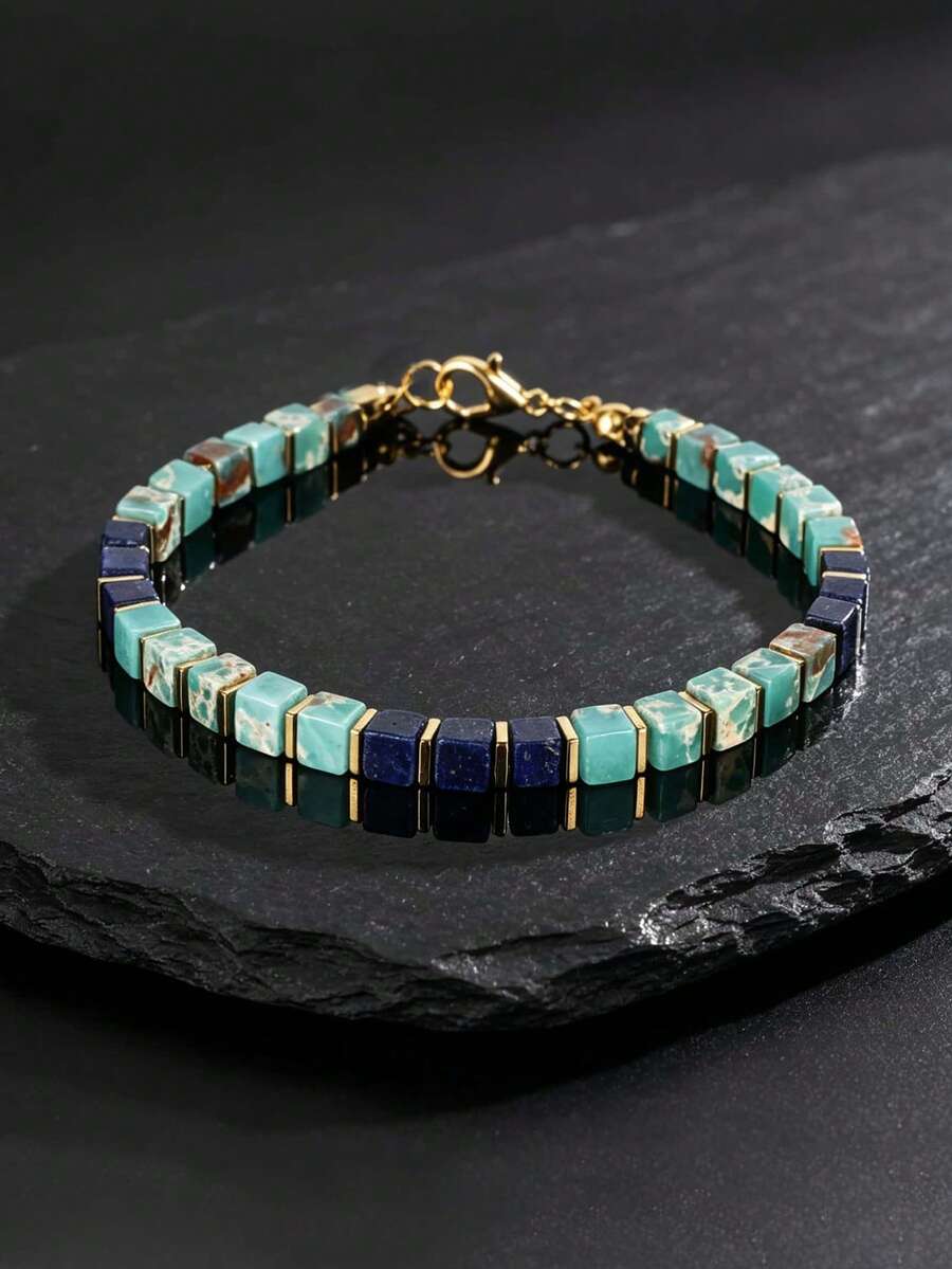 1pc Lapis Lazuli & Shoushan Stone Square Stone Men's Bracelet, Protection & Harmony, Vintage Stackable Crystal Jewelry Git Unisex For All Seasons - Multicolor - View 1